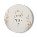 Most Loved Wife Ever Ceramic Coaster | Floral Script, Cork Back