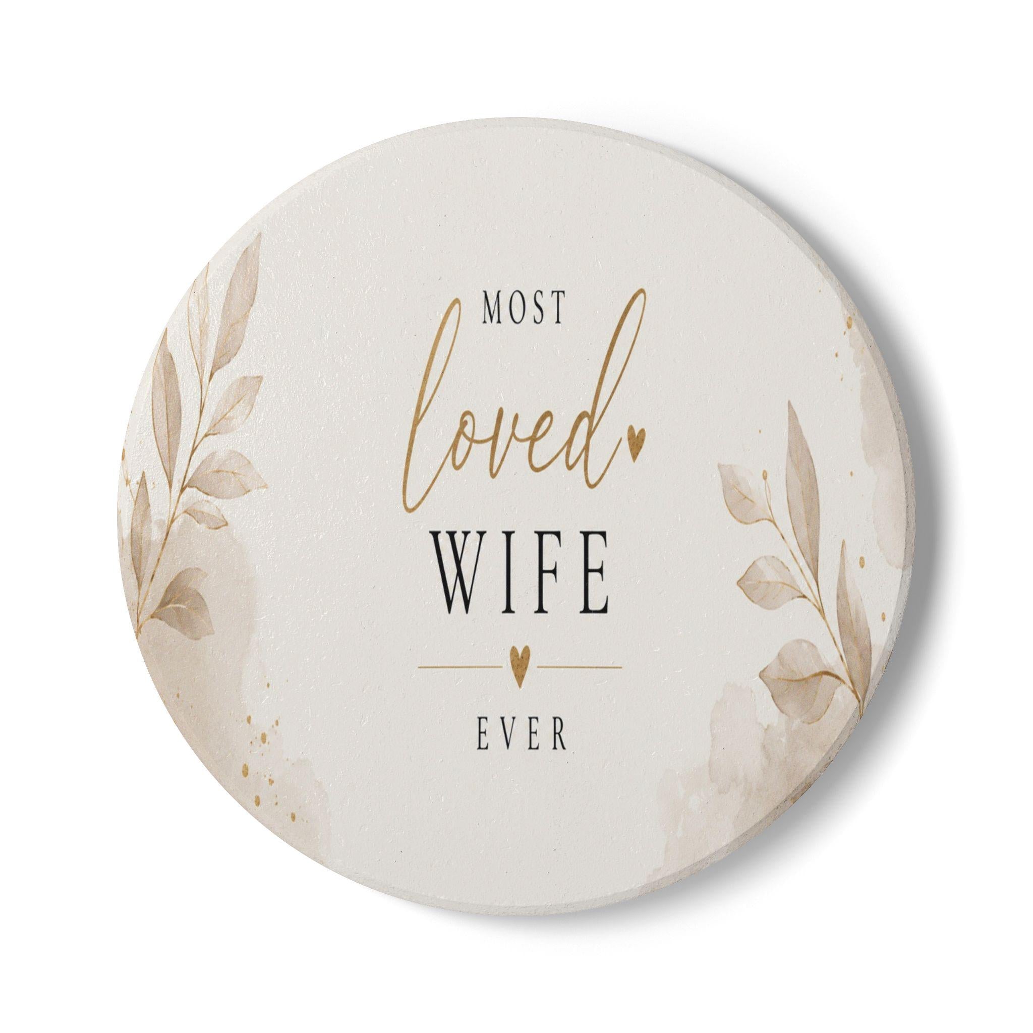 Most Loved Wife Ever Ceramic Coaster | Floral Script, Cork Back